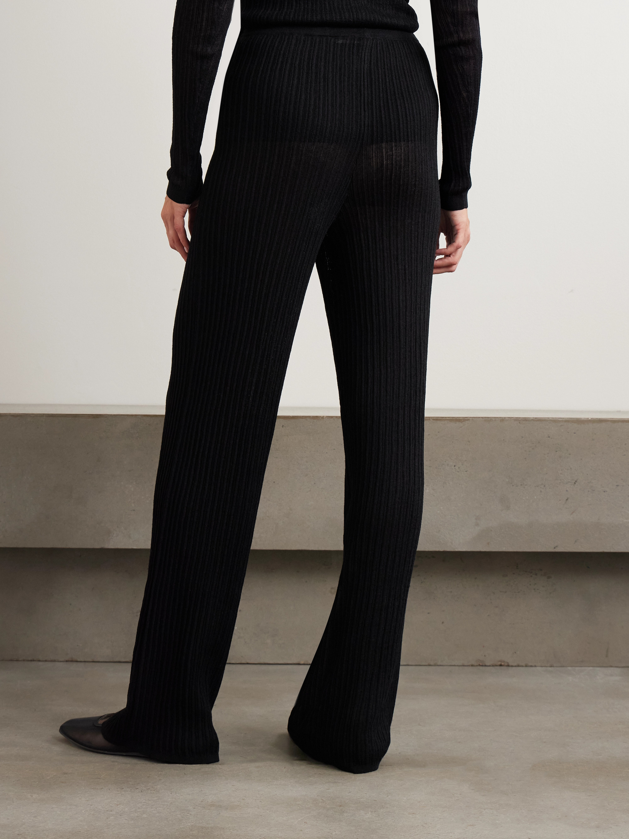 Skims Sheer ribbed-knit wide-leg pants - Onyx