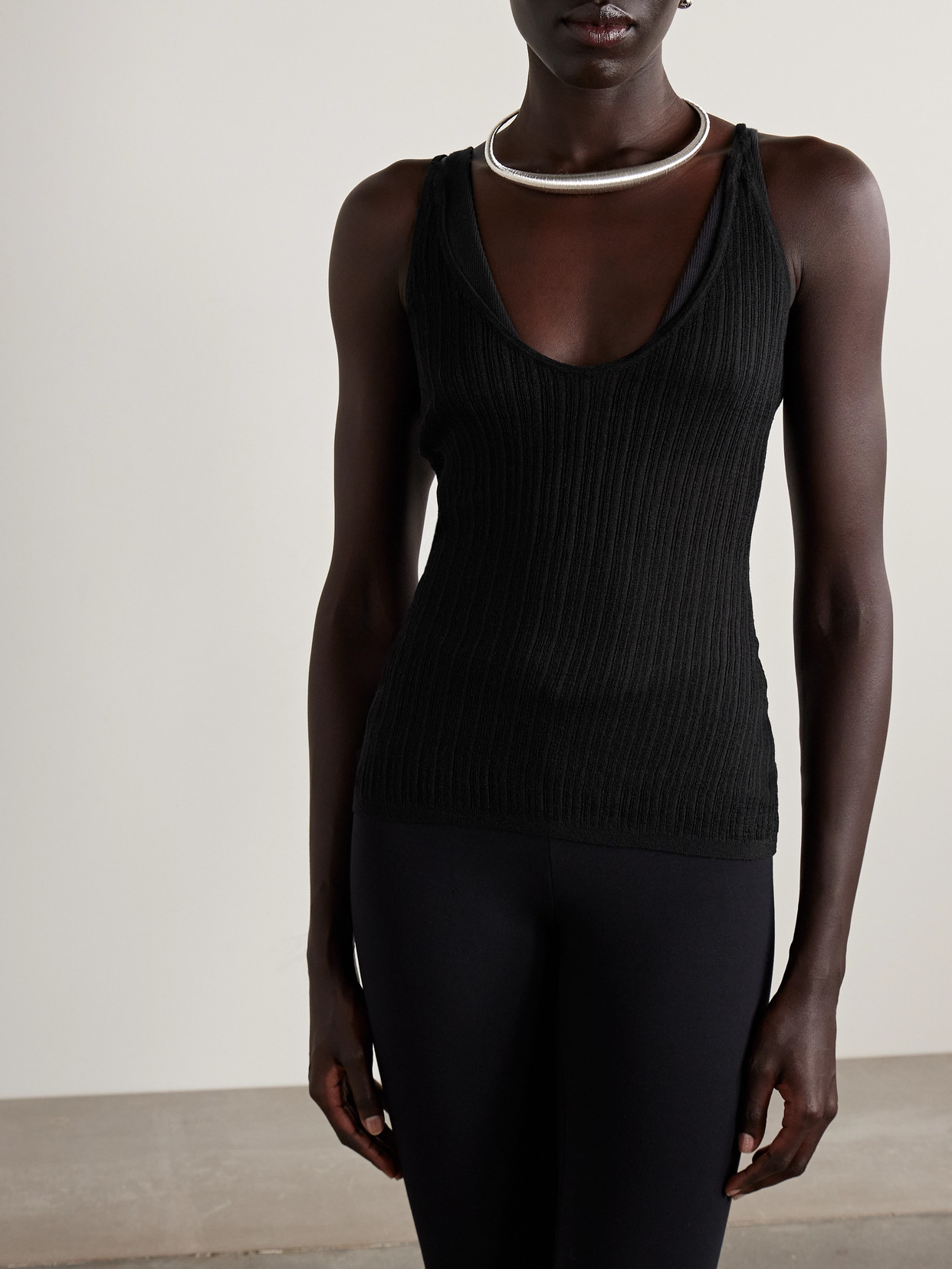 Skims Sheer Knit Plunge Tank In Black