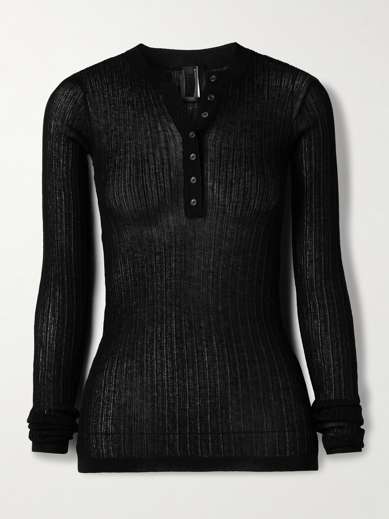 Skims Sheer Knit Long Sleeve Henley In Black