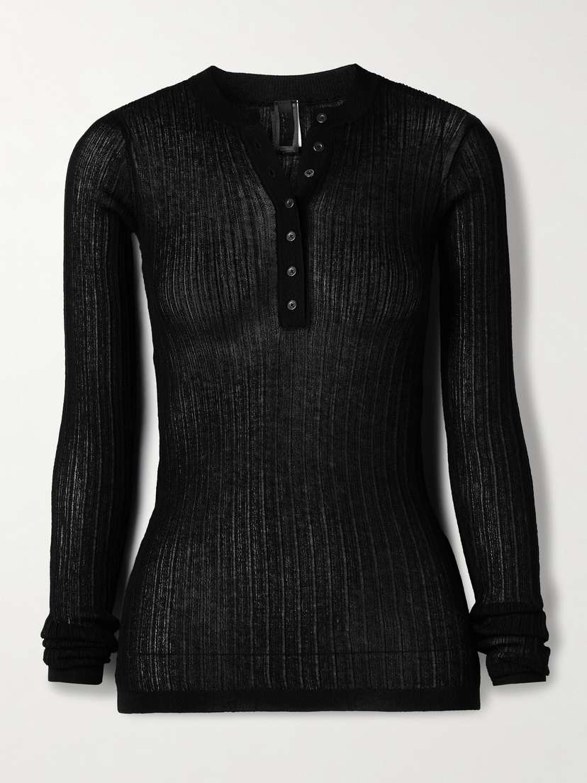 Skims Sheer Knit Long Sleeve Henley - Onyx