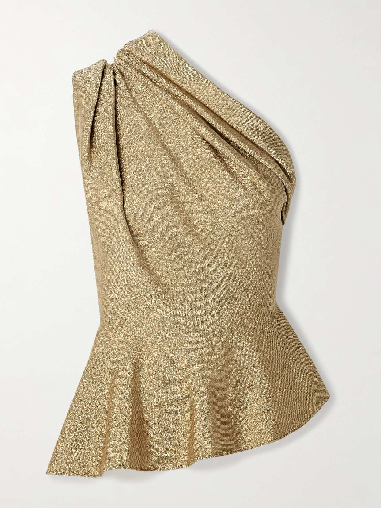 Khaite Aimee Asymmetric One-shoulder Draped Lurex Peplum Top In Brown