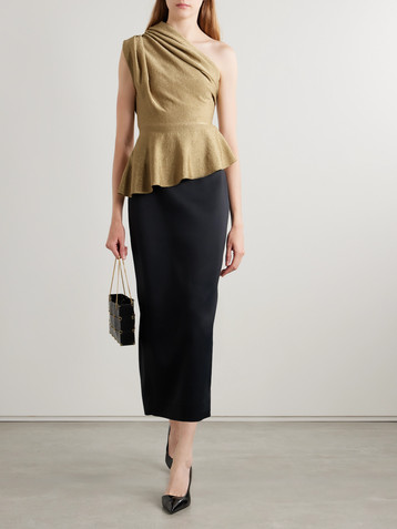 Aimee asymmetric one-shoulder draped Lurex peplum top