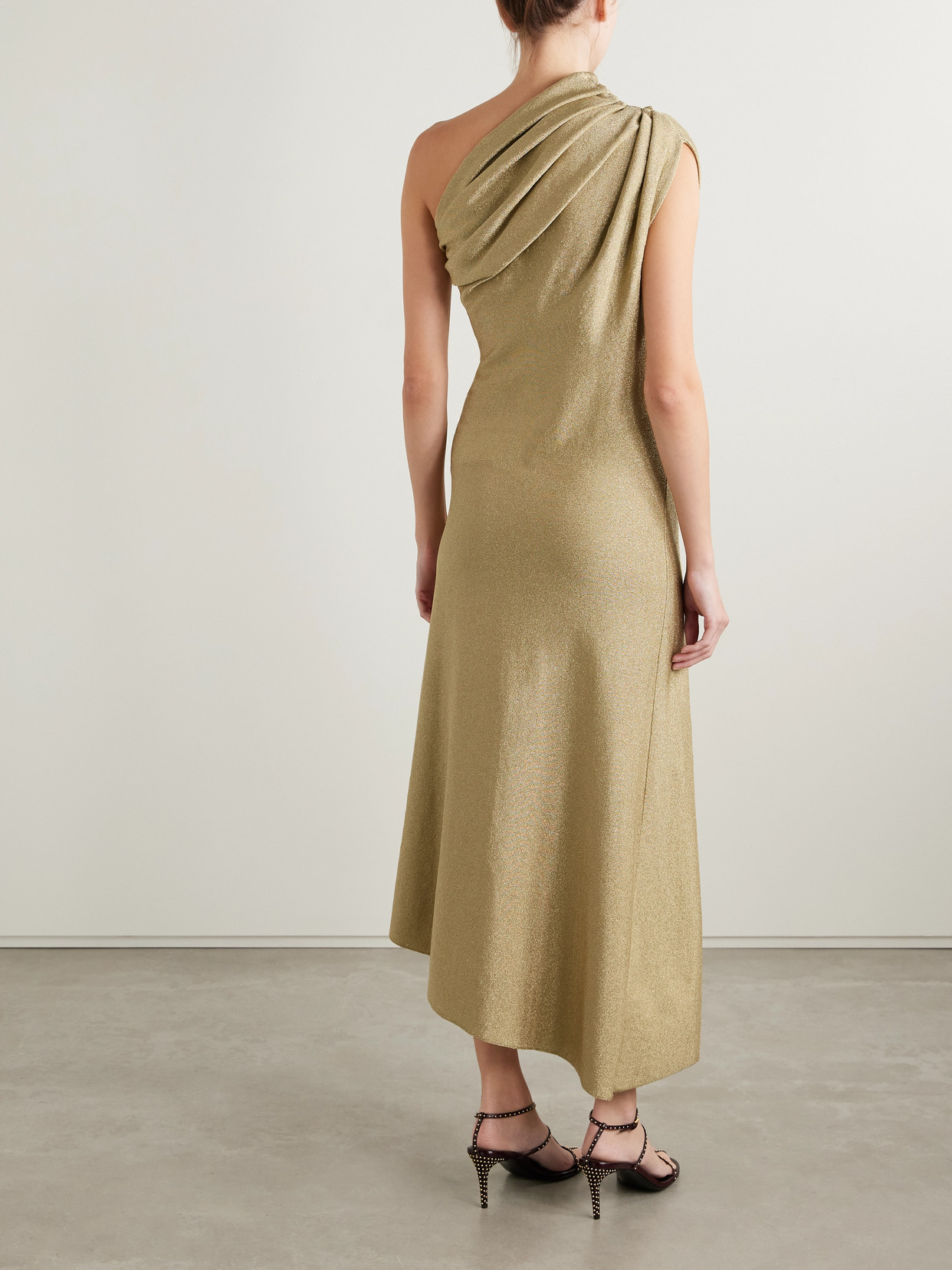 Khaite Coast Asymmetric One-shoulder Draped Lurex Dress In Brown