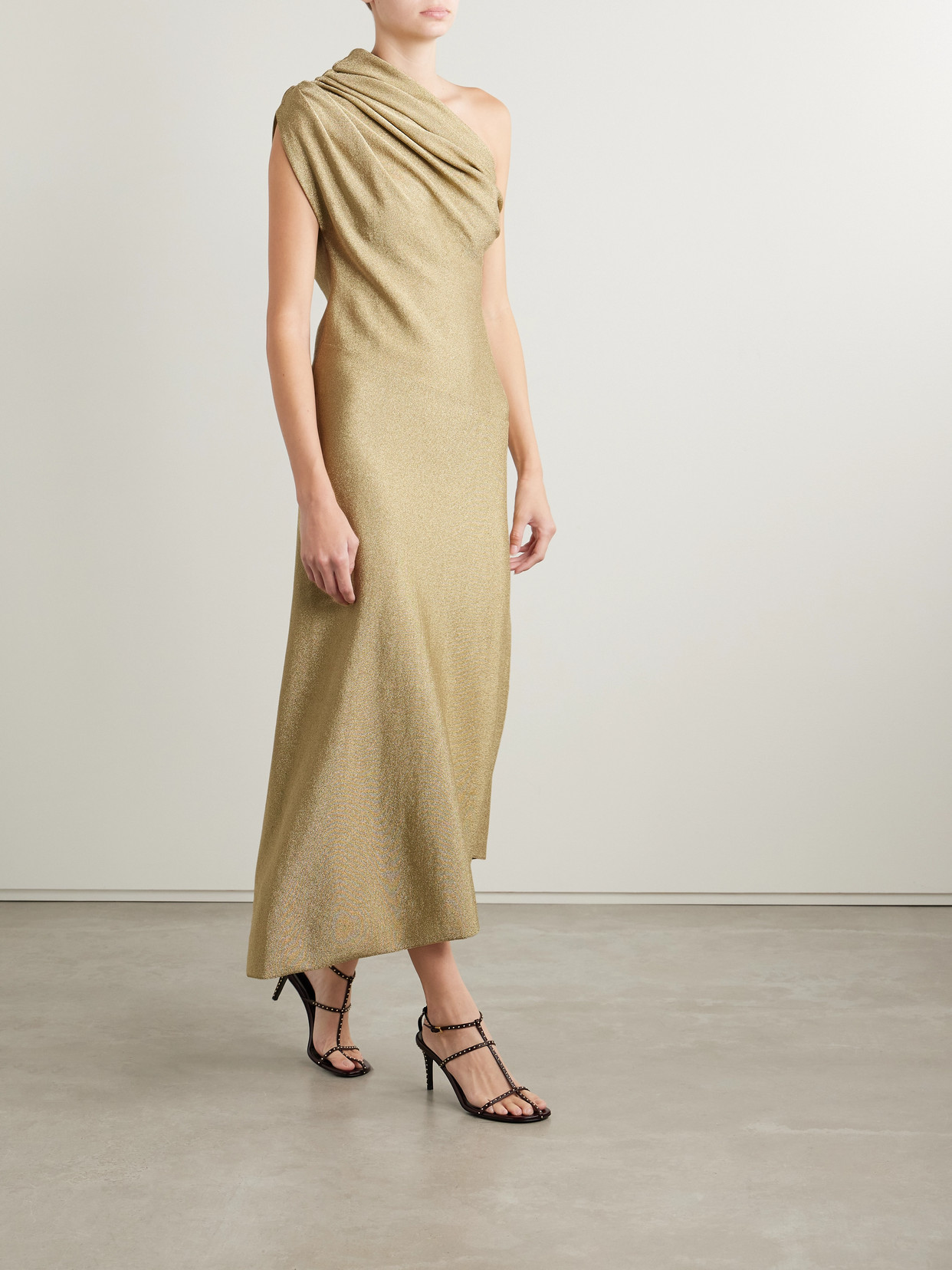 Khaite Coast Asymmetric One-shoulder Draped Lurex Dress In Brown