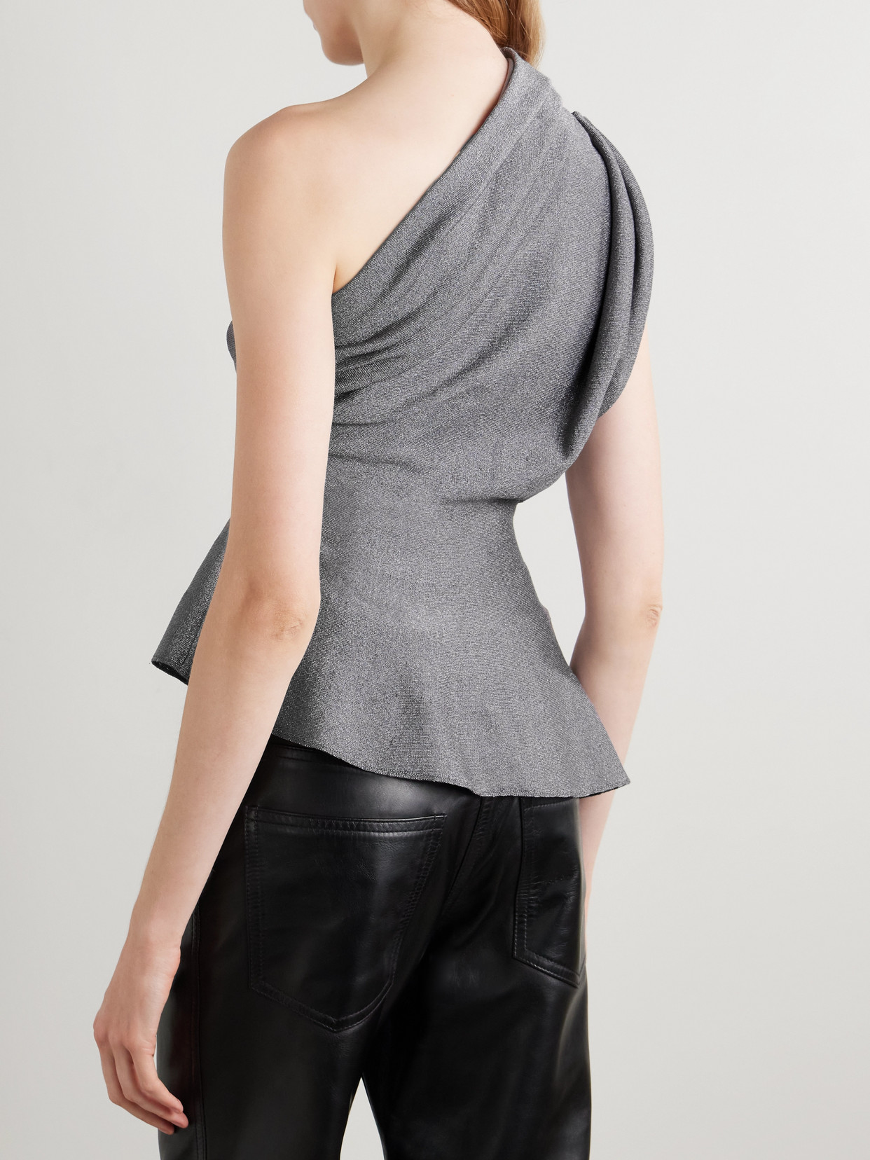Khaite Aimee Asymmetric One-shoulder Draped Lurex Peplum Top In Gray