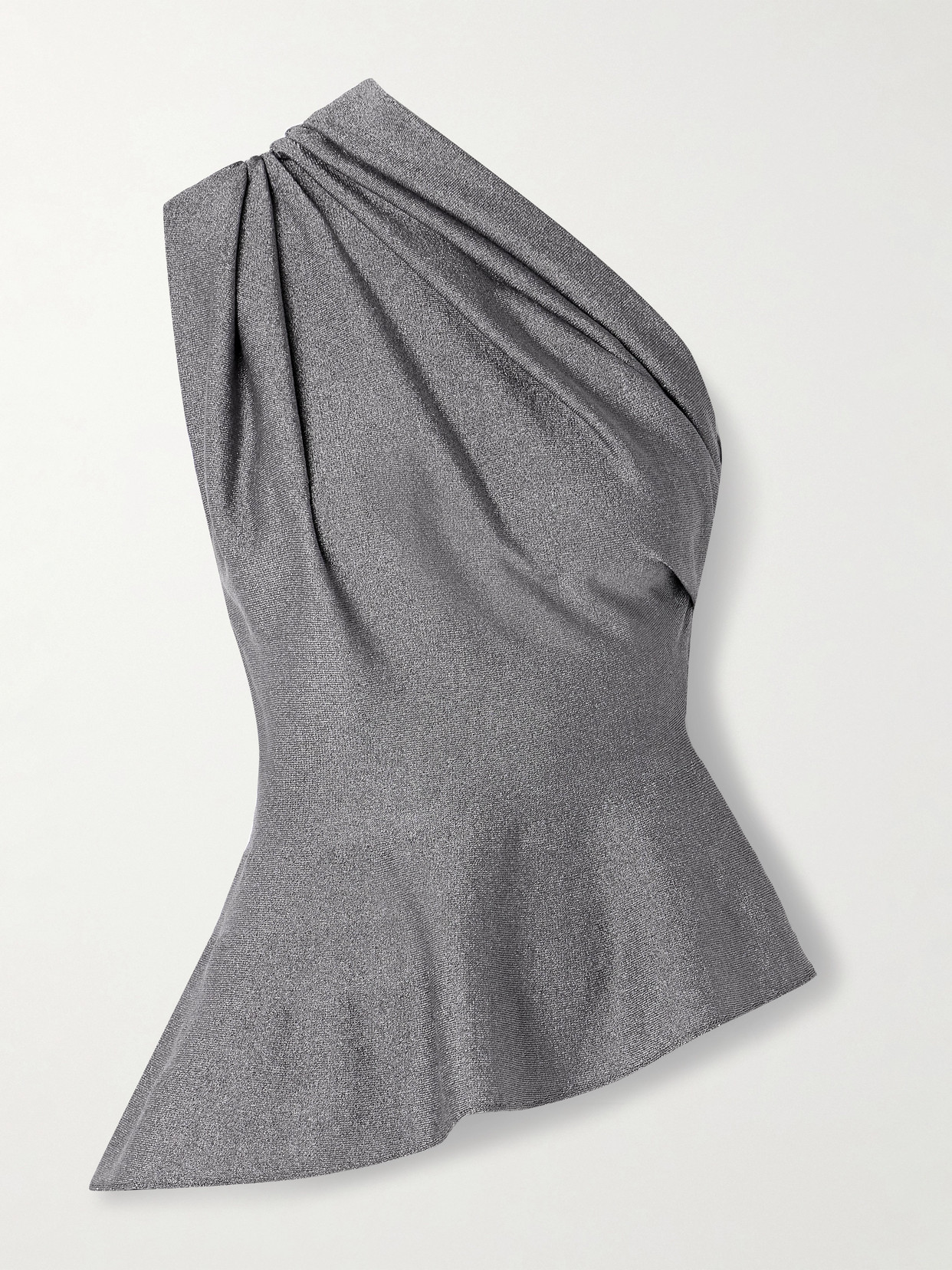 Khaite Aimee Asymmetric One-shoulder Draped Lurex Peplum Top In Gray