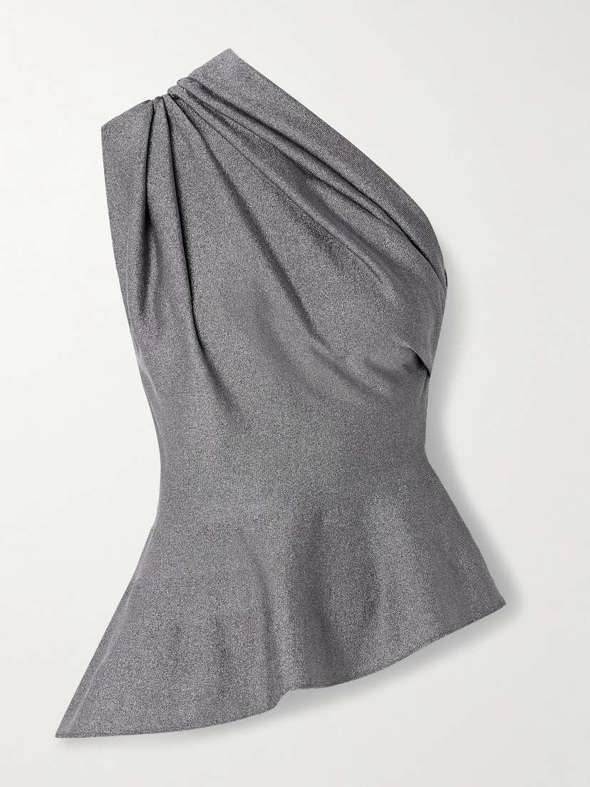 Khaite — Aimee asymmetric one-shoulder draped Lurex peplum top