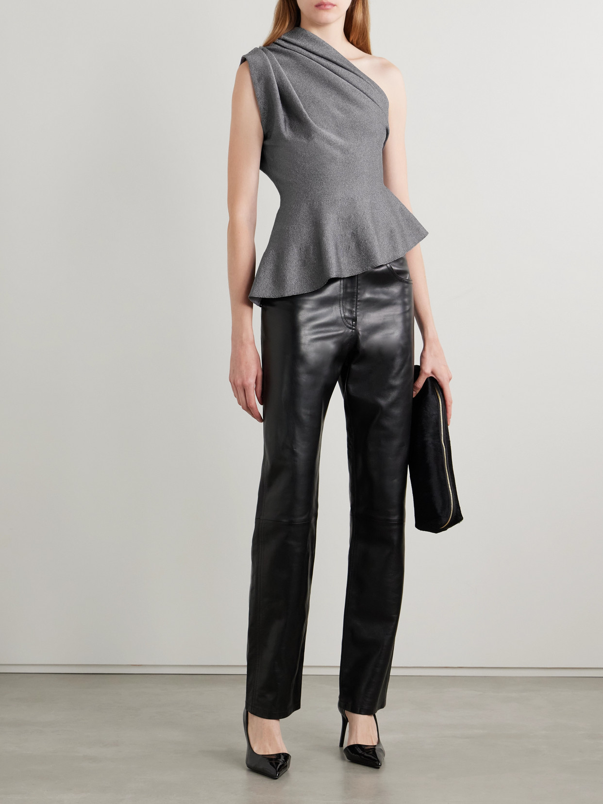 Khaite Aimee Asymmetric One-shoulder Draped Lurex Peplum Top In Gray