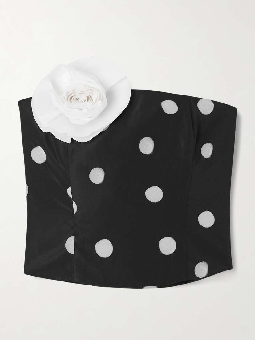 BERNADETTE Lena Cropped Appliquéd Polka-dot Taffeta Bustier Top