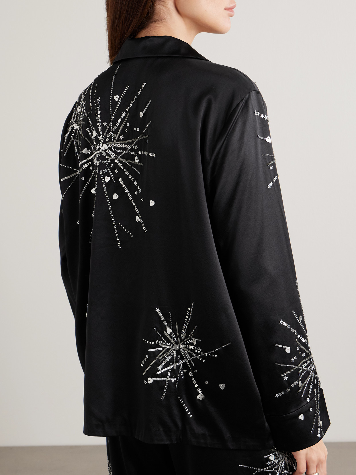 Bernadette Louis Sequin-embellished Silk-blend Satin Pajama Shirt In Black