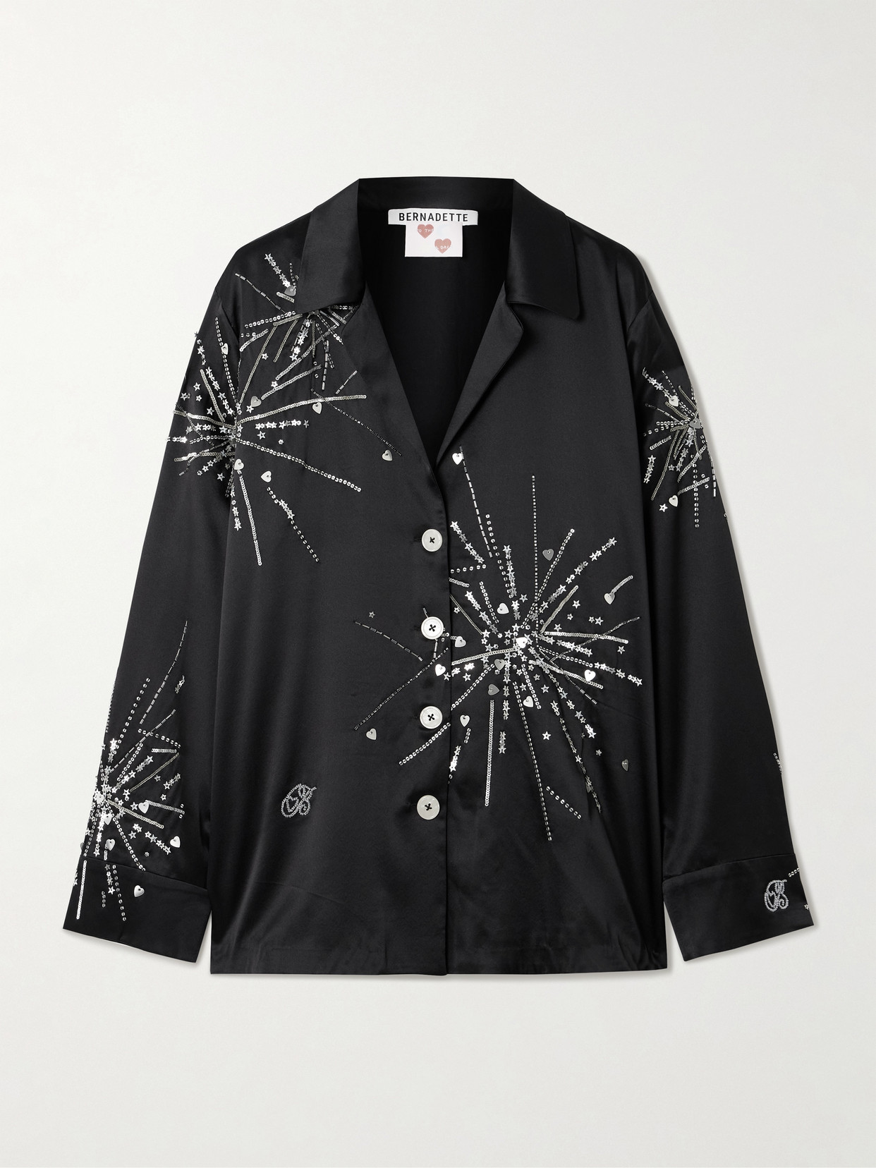 Bernadette Louis Sequin-embellished Silk-blend Satin Pajama Shirt In Black