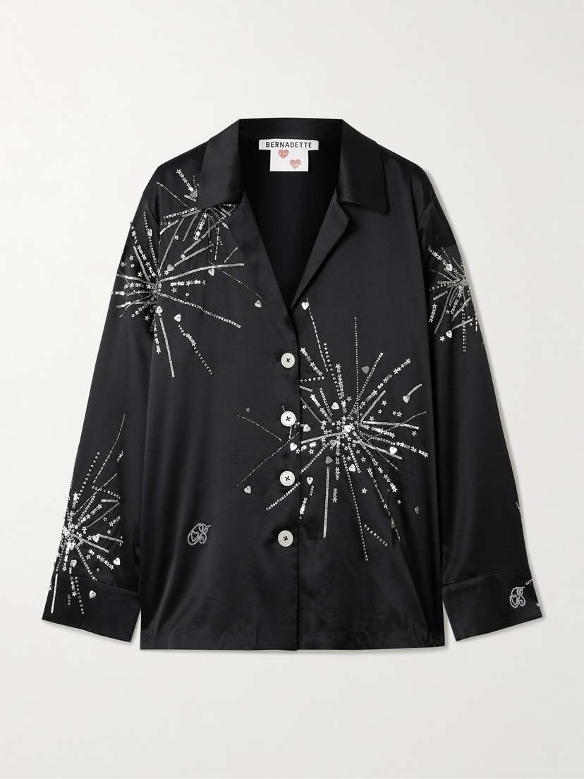 BERNADETTE Louis Sequin-embellished Silk-blend Satin Pajama Shirt