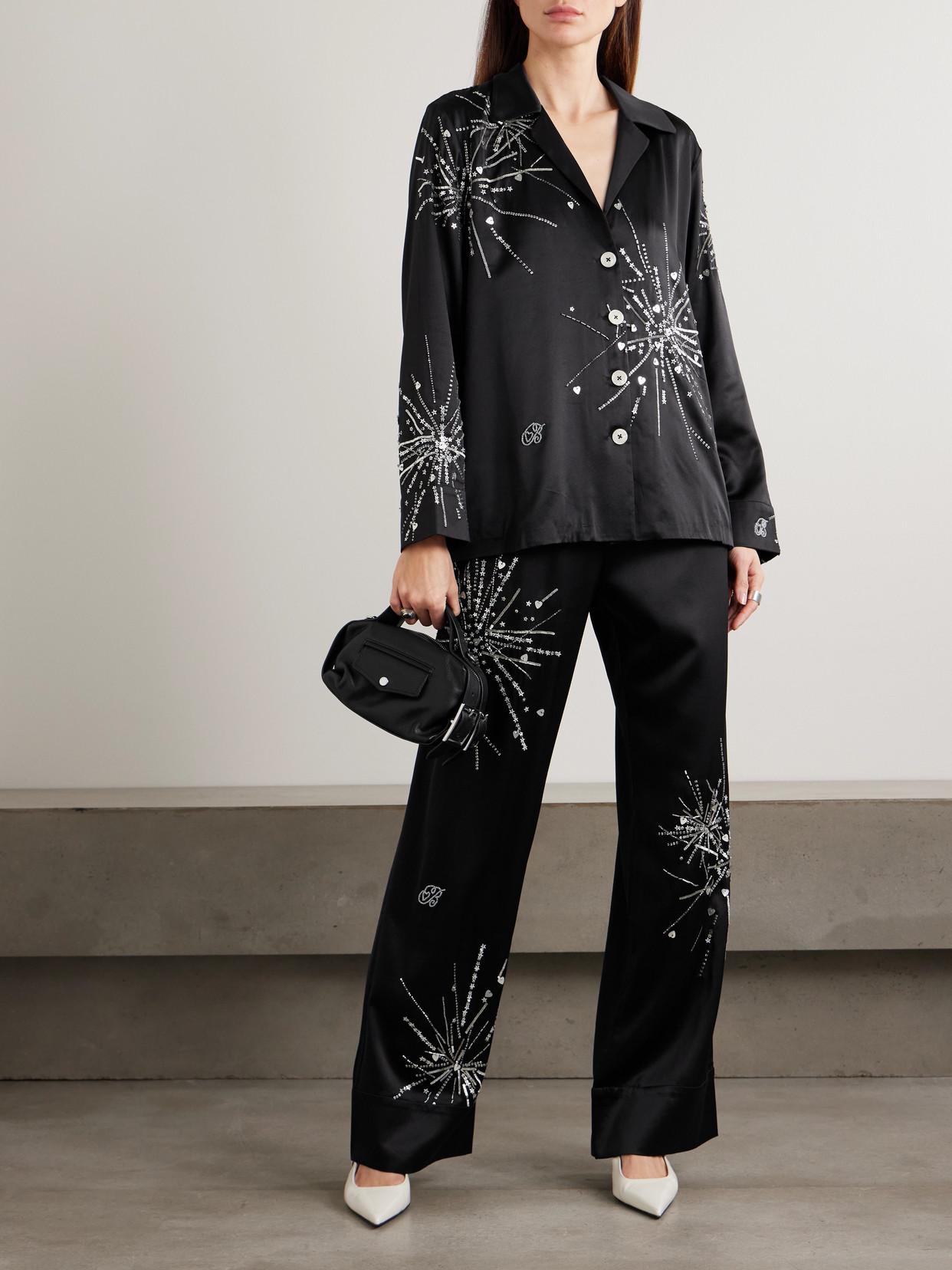 Bernadette Louis Sequin-embellished Silk-blend Satin Pajama Shirt In Black
