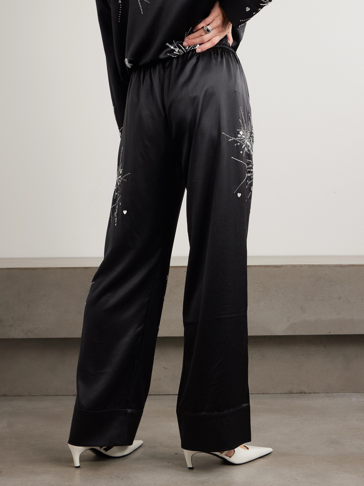 Bernadette Louis Sequin-embellished Silk-blend Satin Pajama Pants In Black
