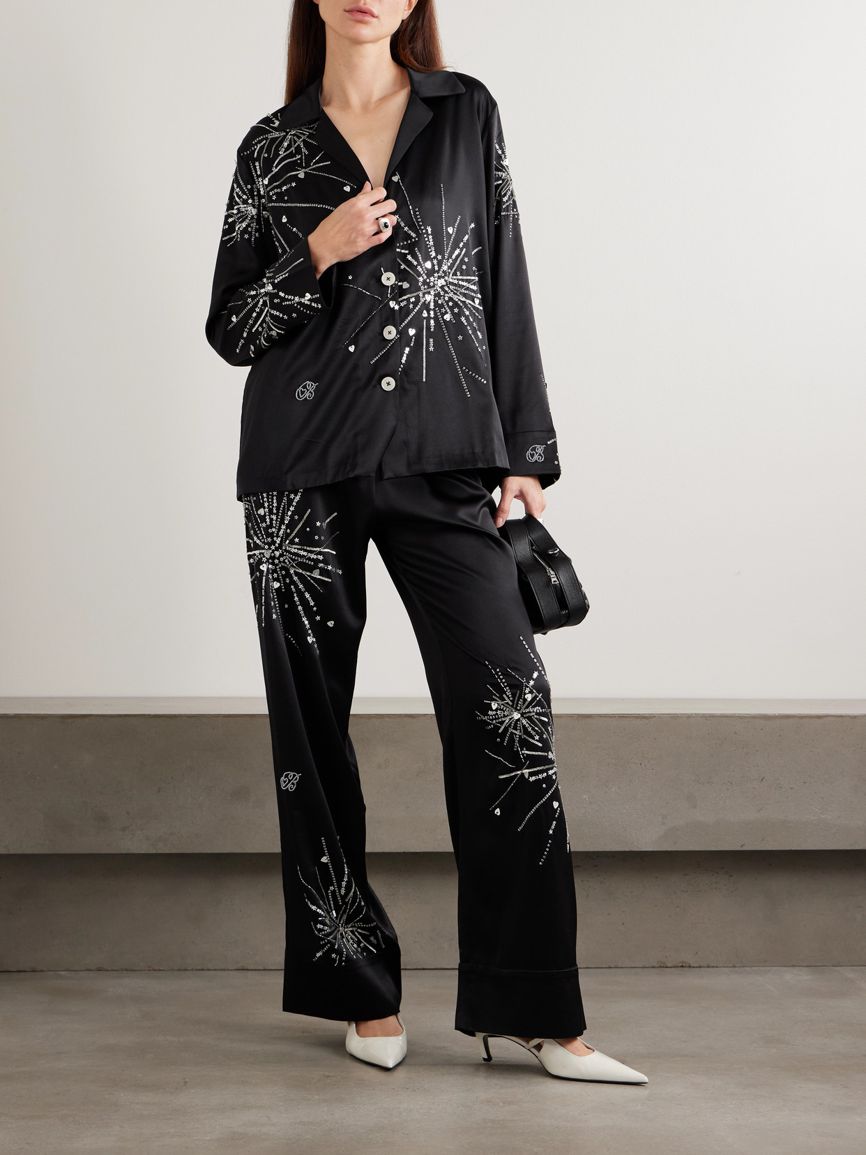 Bernadette Louis Sequin-embellished Silk-blend Satin Pajama Pants In Black