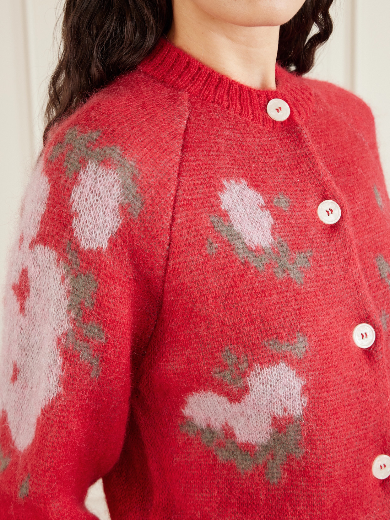 Bernadette Amelia Floral-jacquard Mohair-blend Cardigan In Red