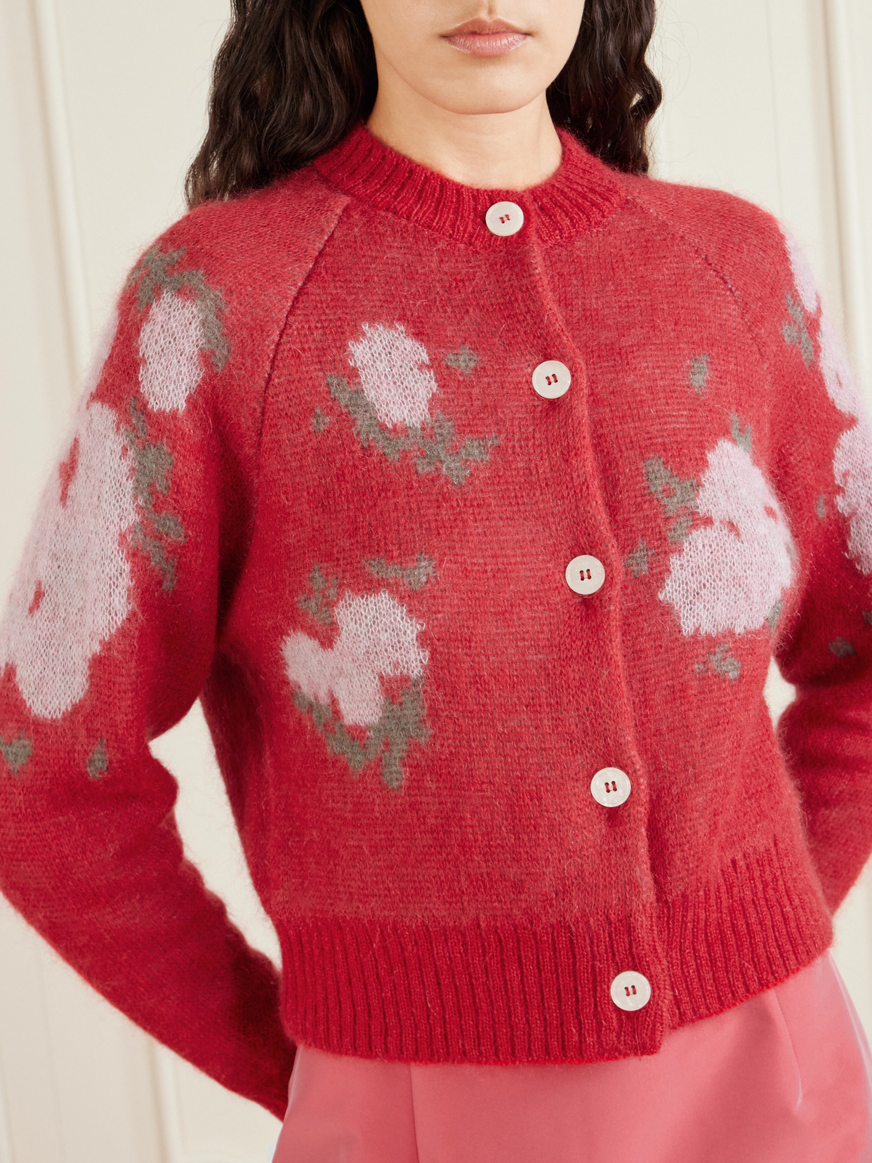 Bernadette Amelia Floral-jacquard Mohair-blend Cardigan In Red