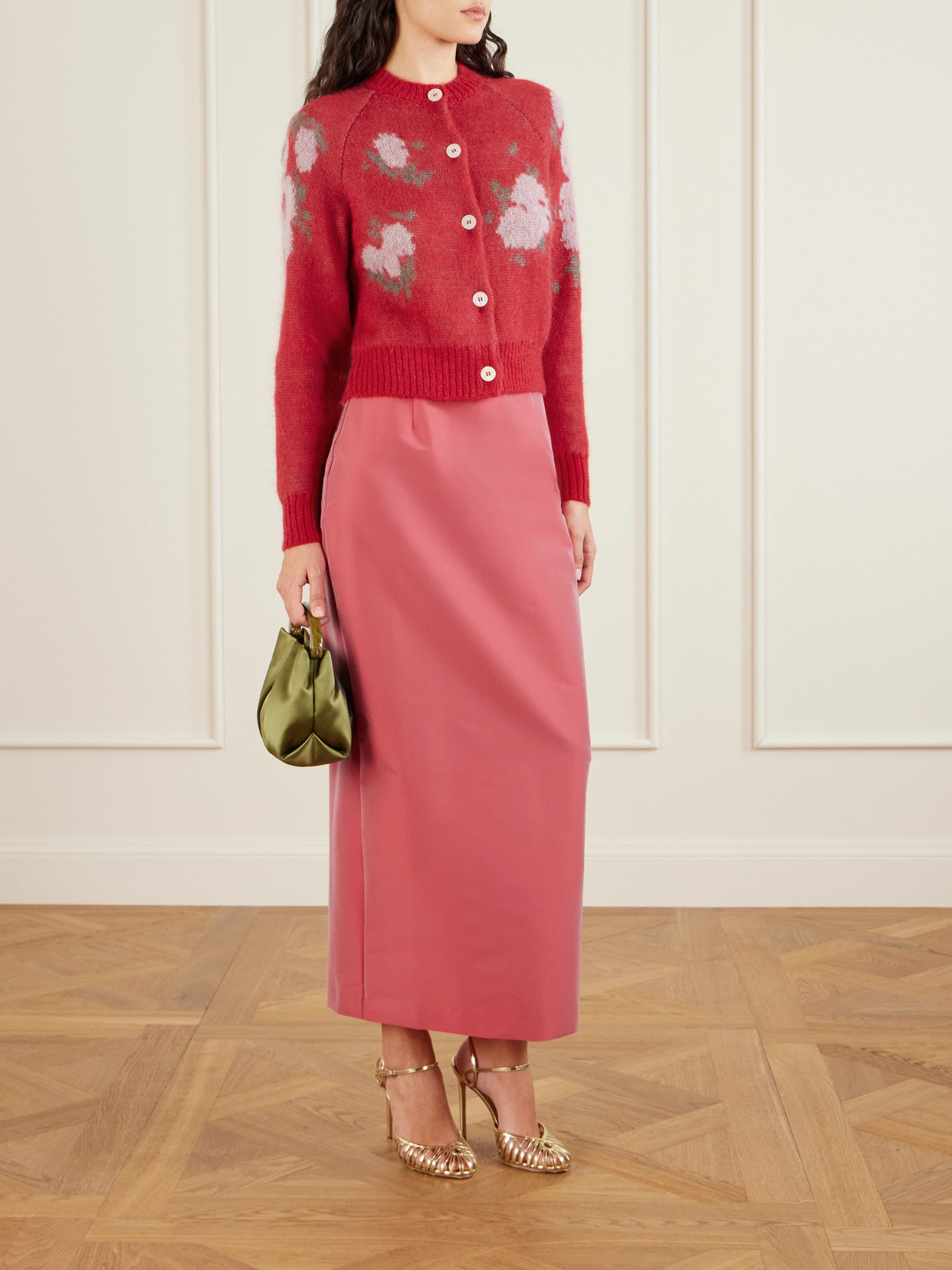 Bernadette Amelia Floral-jacquard Mohair-blend Cardigan In Red