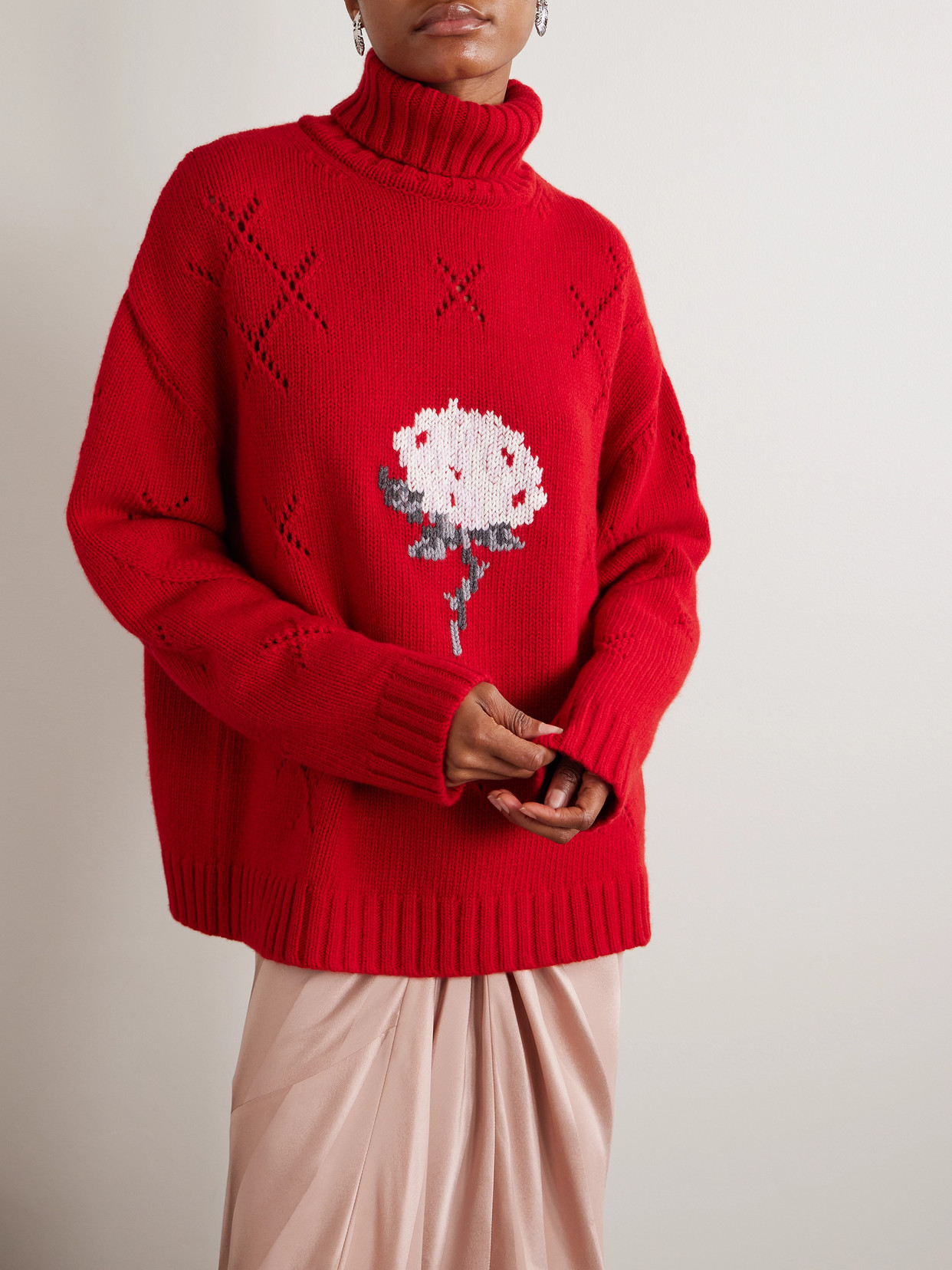 Bernadette Sharon Oversized Intarsia Pointelle-knit Wool-blend Turtleneck Sweater In Red