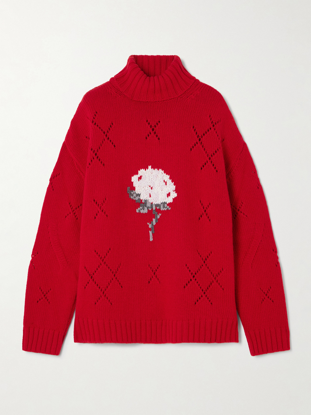 Bernadette Sharon Oversized Intarsia Pointelle-knit Wool-blend Turtleneck Sweater In Red