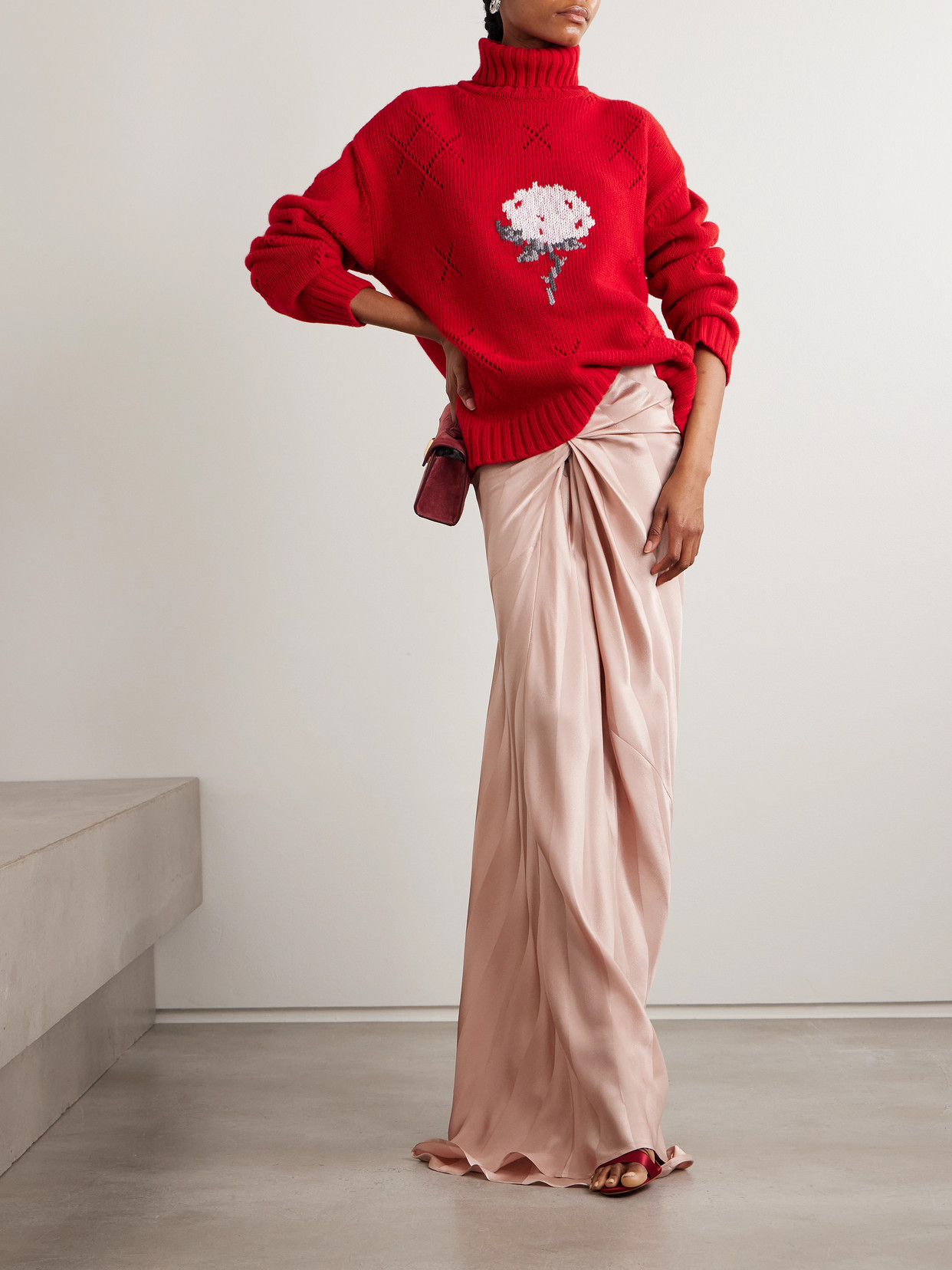 Bernadette Sharon Oversized Intarsia Pointelle-knit Wool-blend Turtleneck Sweater In Red