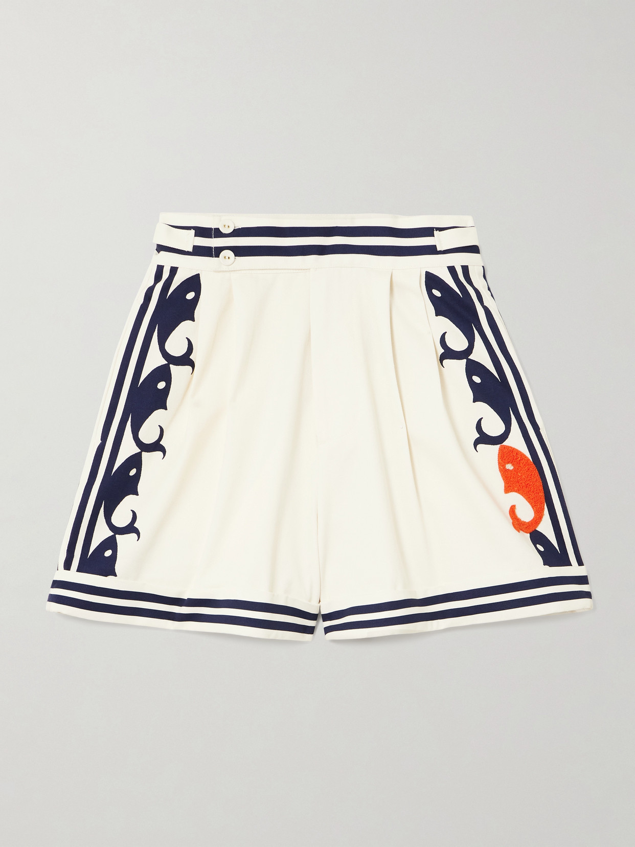 Alemais Marine Pleated Striped Embroidered Organic Cotton Shorts