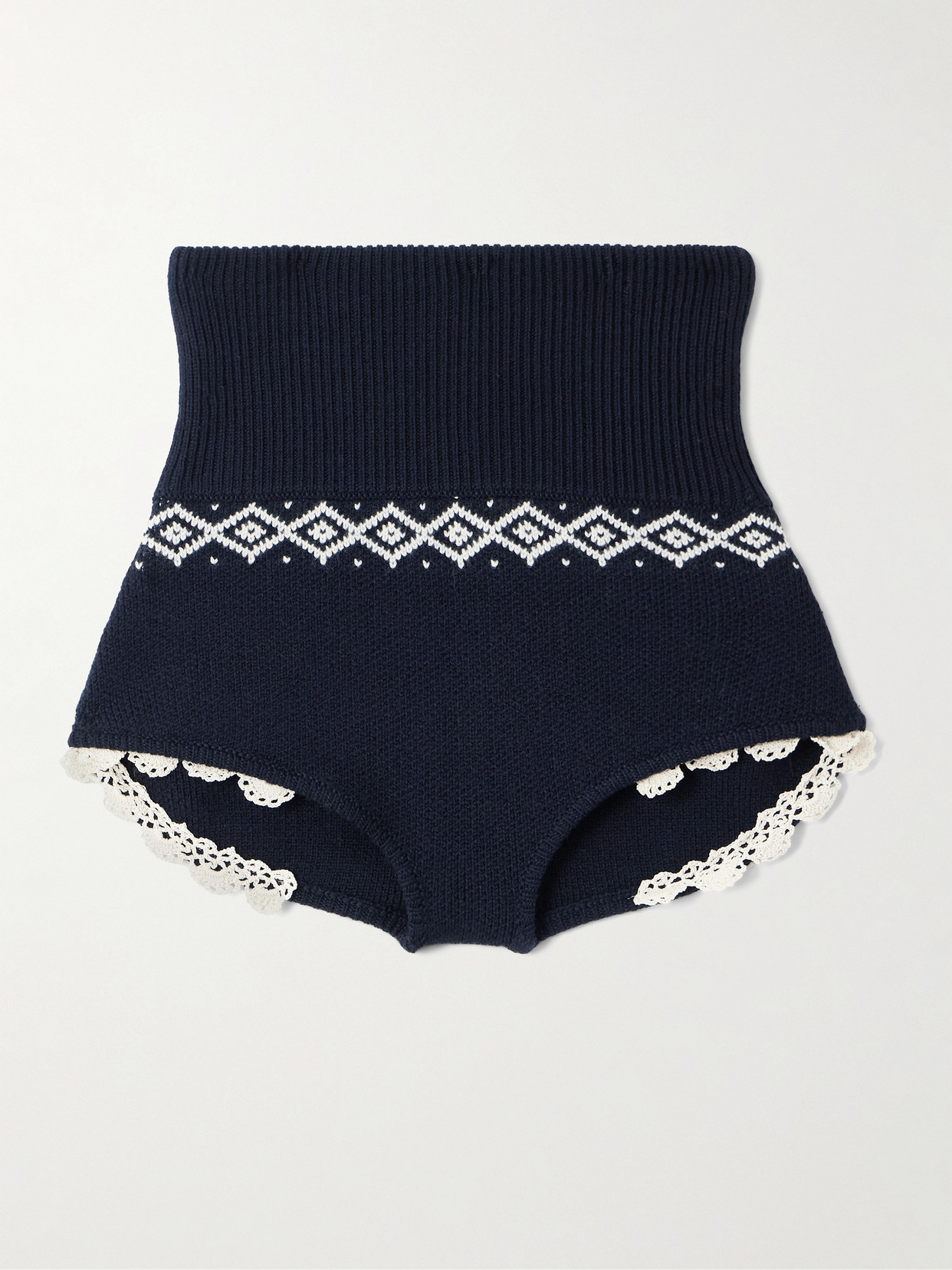 Magda Butrym Crochet-trimmed Ribbed Wool-jacquard Shorts In Blue