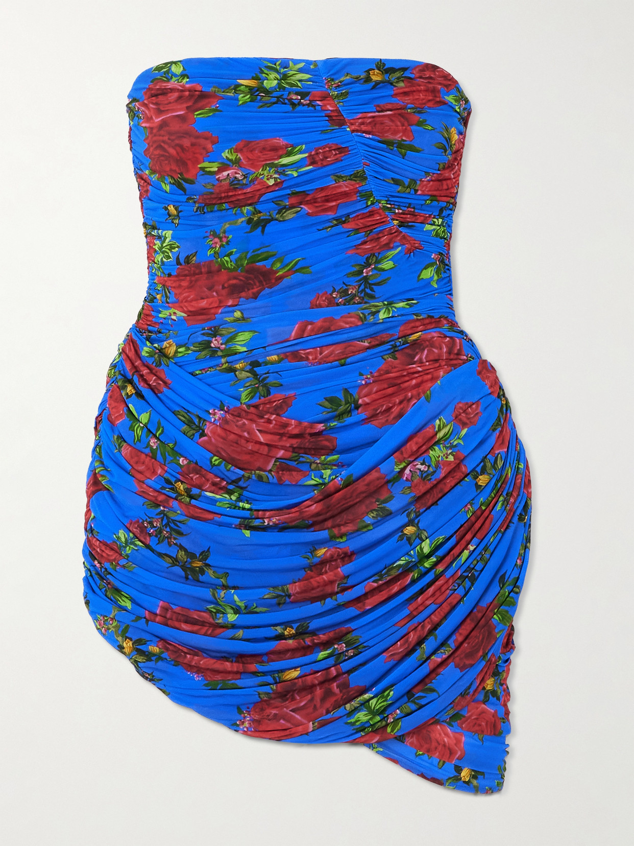 Magda Butrym Strapless Ruched Floral-print Stretch-jersey Mini Dress In Blue
