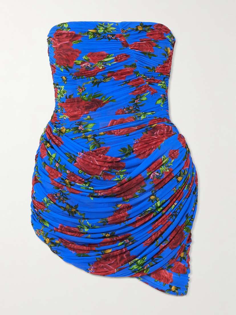 Magda Butrym Strapless Ruched Floral-print Stretch-jersey Mini Dress