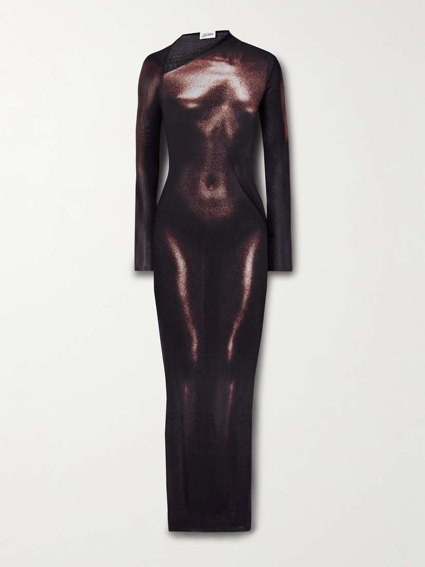 Jean Paul Gaultier Body Dust Asymmetric Trompe L'oeil Printed Mesh Midi Dress