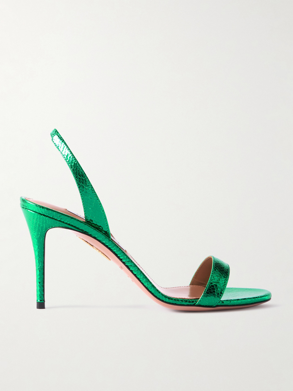 Aquazzura So Nude 85 Metallic Snake-effect Leather Slingback Sandals In Green