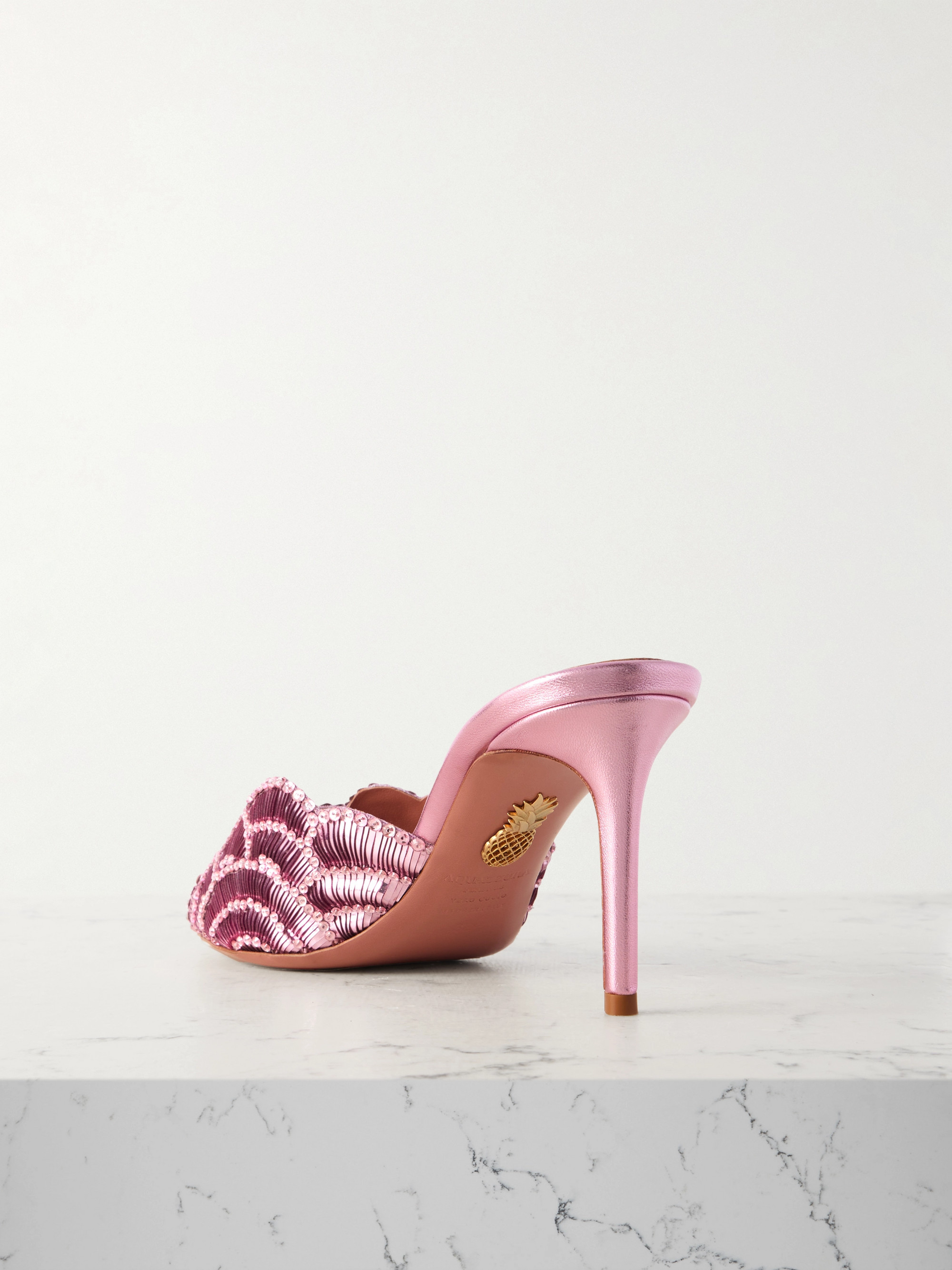 AQUAZZURA Ce Soir 75 embellished scalloped metallic leather mules thumbnail