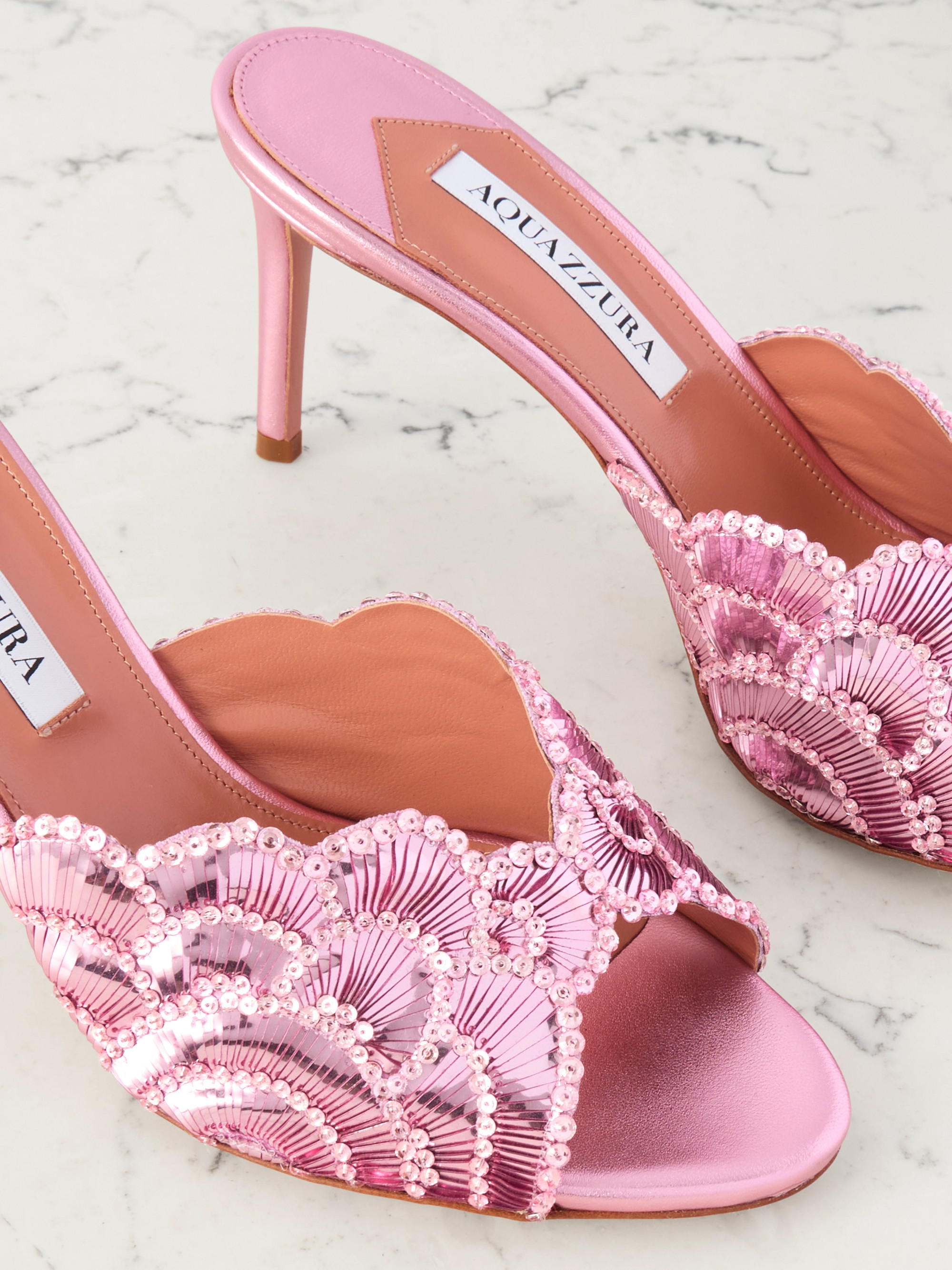 AQUAZZURA - Ce Soir 75 embellished scalloped metallic leather