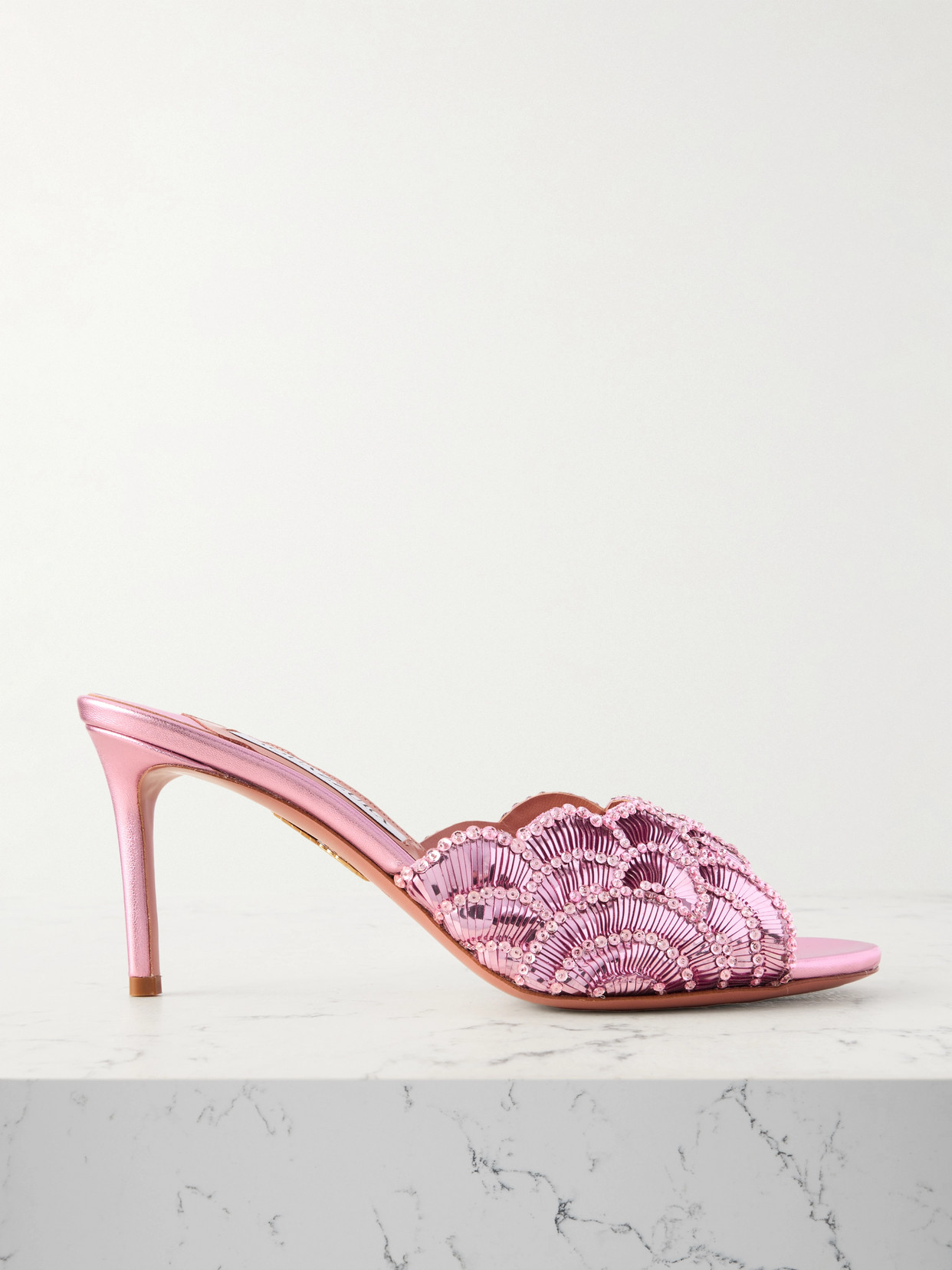 Aquazzura Ce Soir 75 Embellished Scalloped Metallic Leather Mules In Pink
