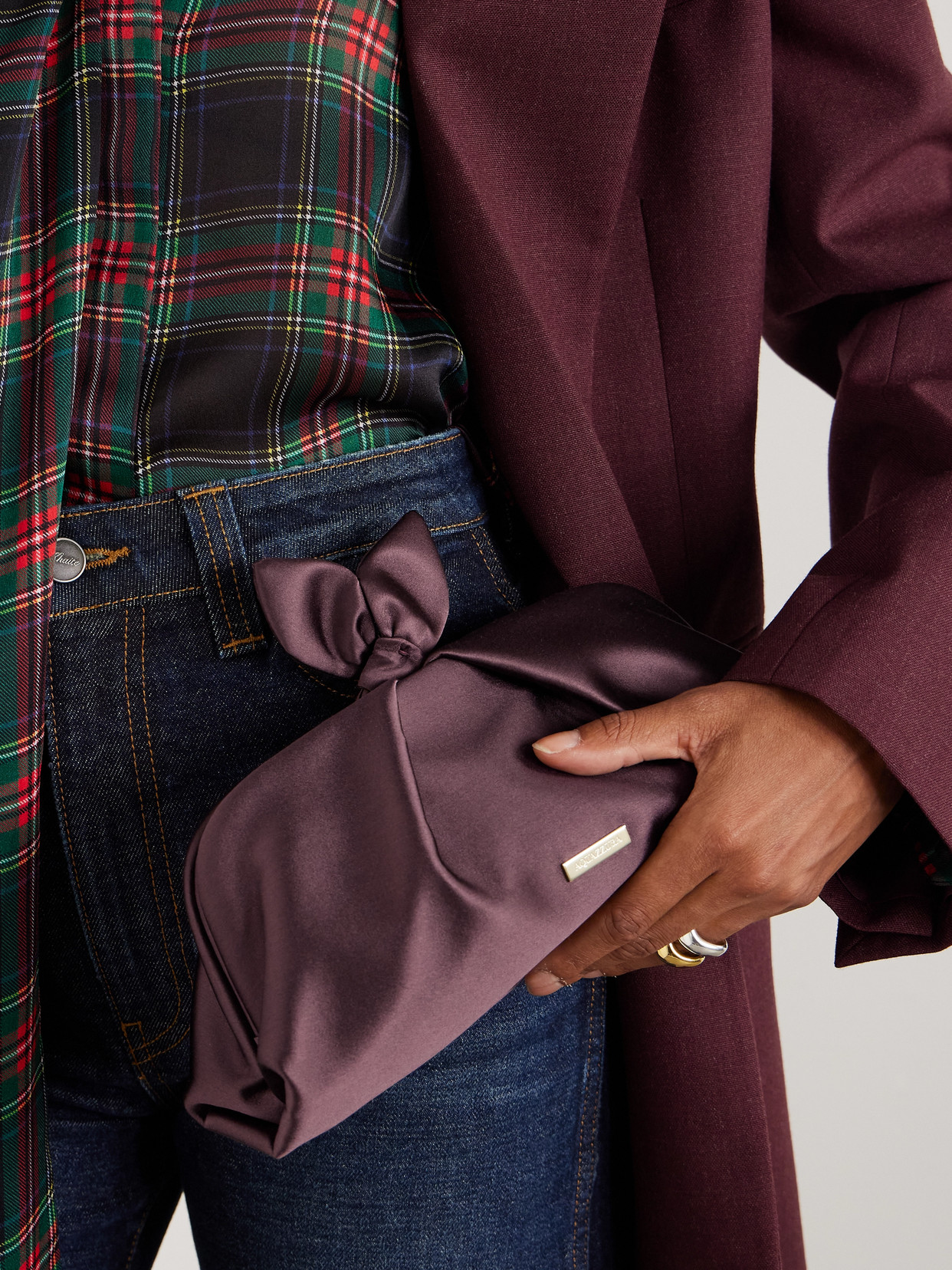 Aquazzura Bow Tie Pleated Satin Clutch In Brown