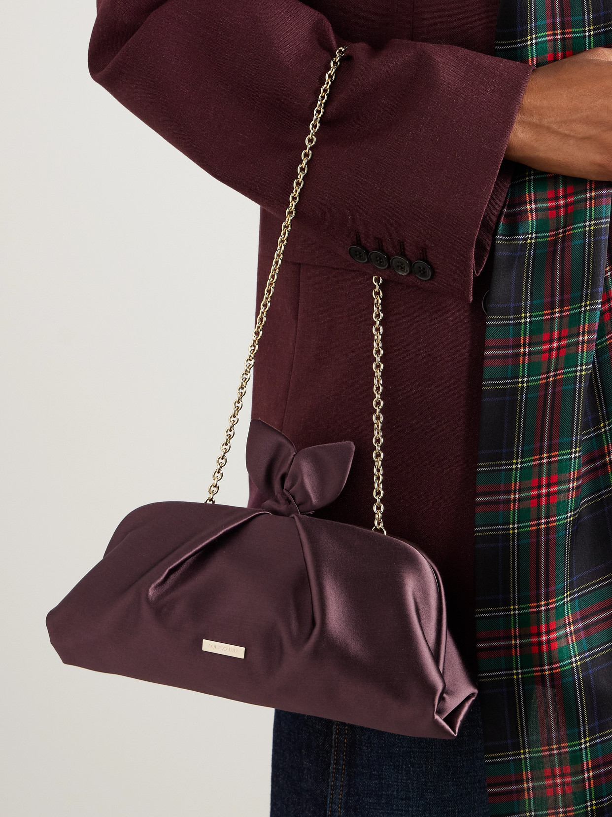Aquazzura Bow Tie Pleated Satin Clutch In Brown