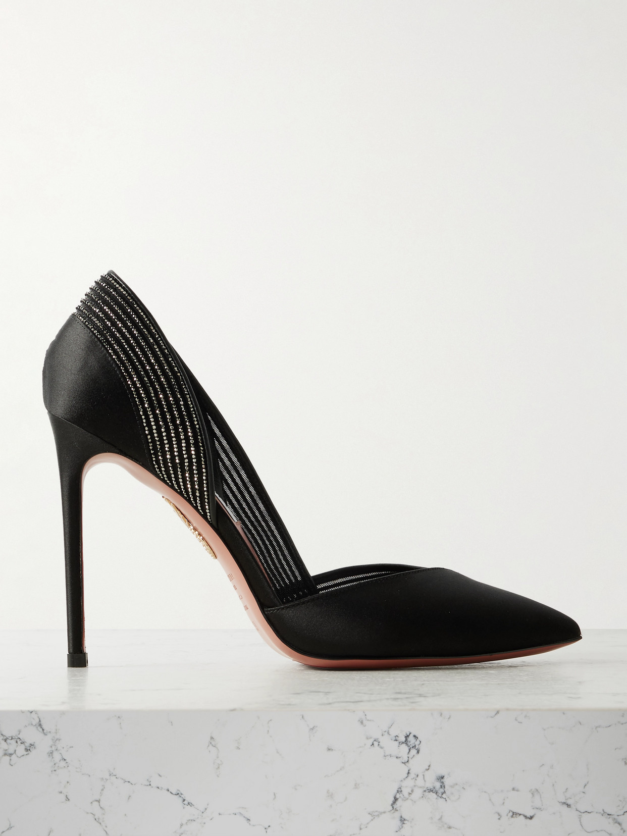 Aquazzura Shimmer 105 Crystal-embellished Mesh-trimmed Satin Pumps In Black