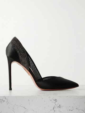 AQUAZZURA Shimmer 105 crystal-embellished mesh-trimmed satin pumps