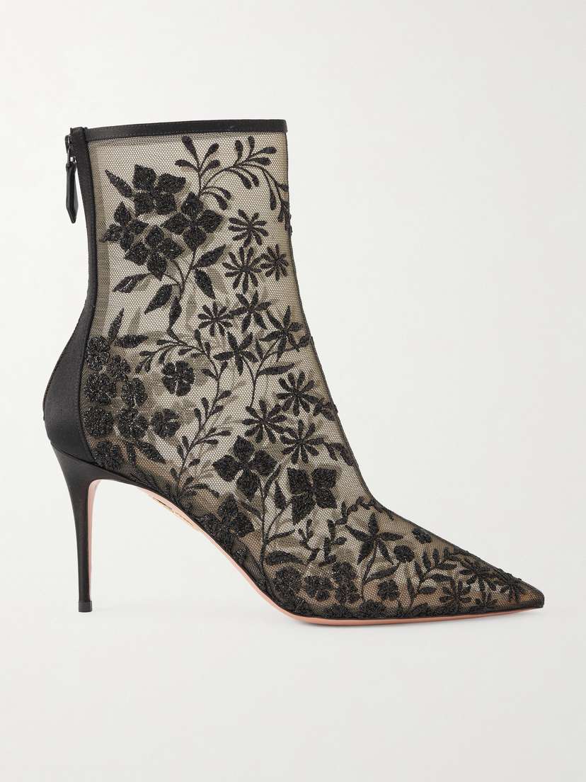 Aquazzura Mon Amour 85 Bead-embellished Satin-trimmed Mesh Ankle Boots