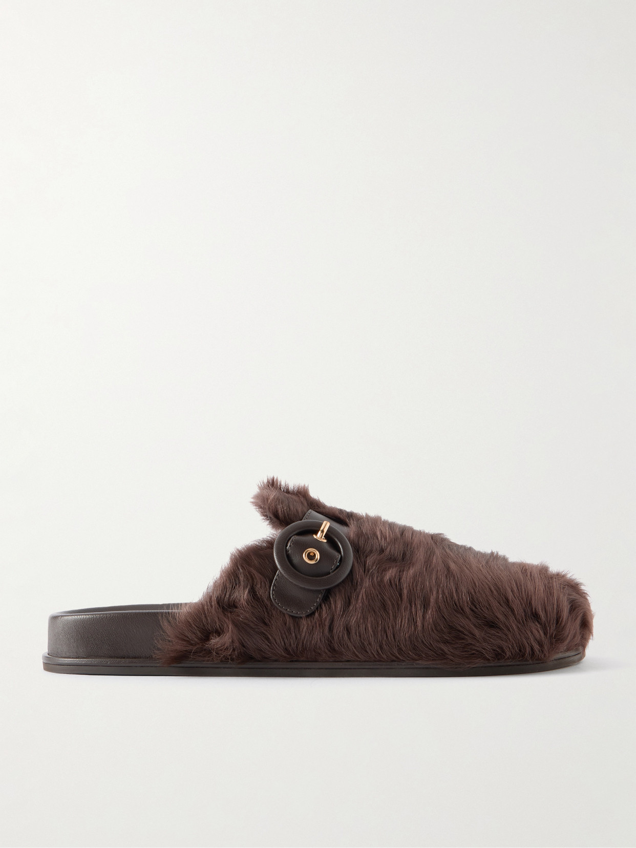Aquazzura Cuddle Buckled Leather-trimmed Shearling Mules In Brown