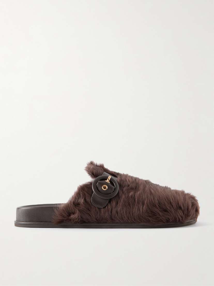 Aquazzura Cuddle Buckled Leather-trimmed Shearling Mules