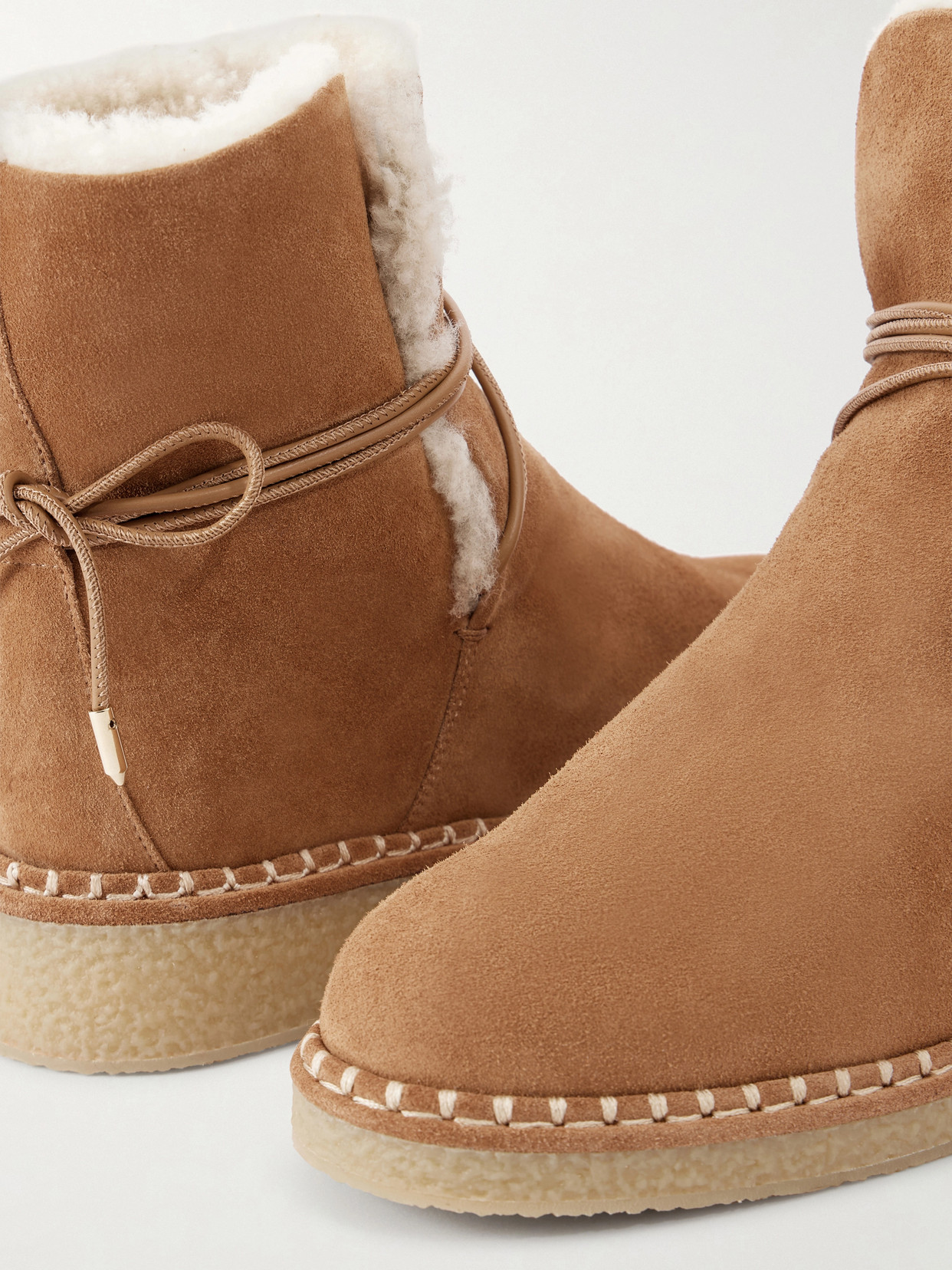Aquazzura Megeve Lace-detailed Suede Shearling-lined Ankle Boots In Brown