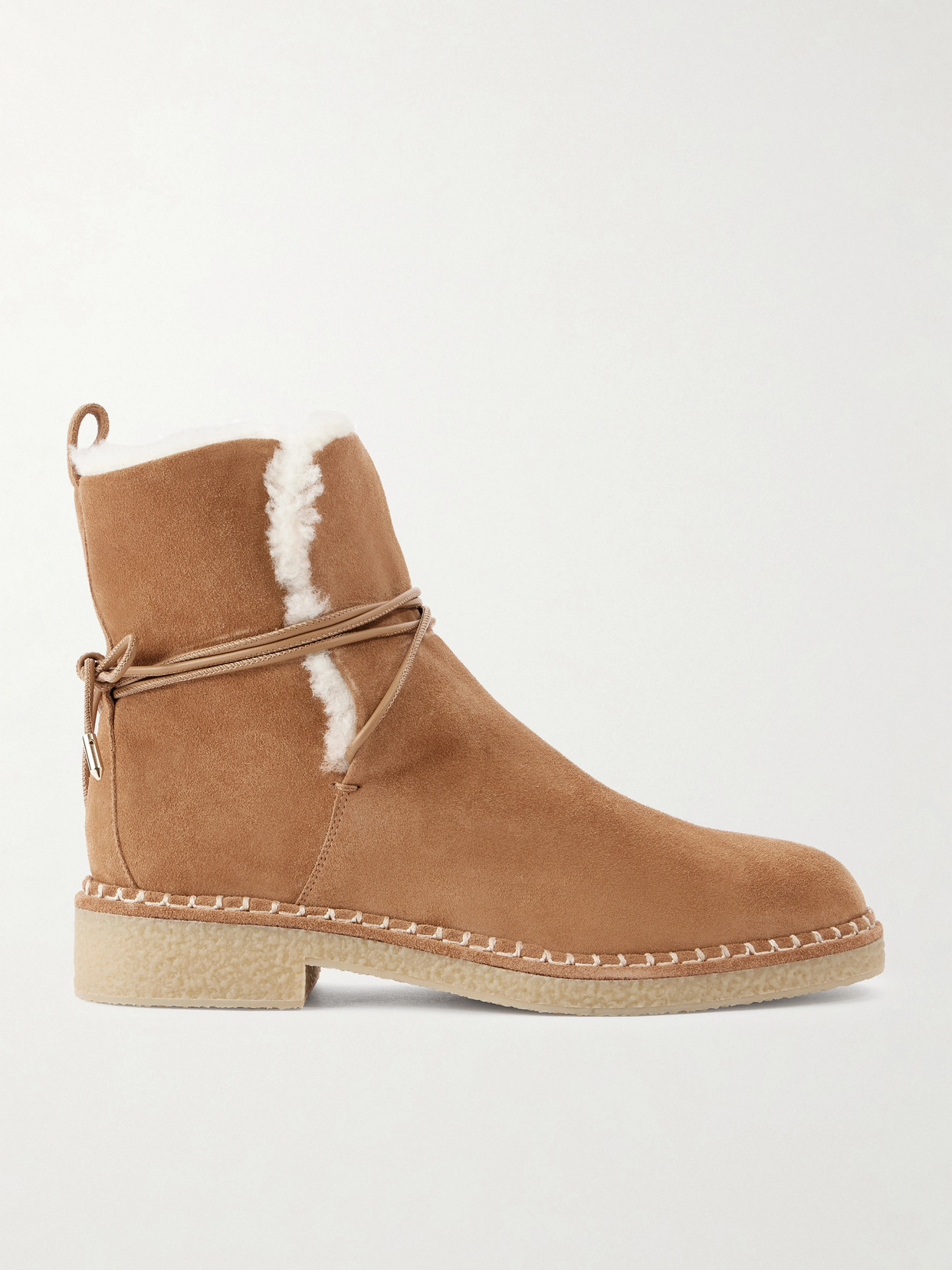 Aquazzura Megeve Lace-detailed Suede Shearling-lined Ankle Boots In Brown