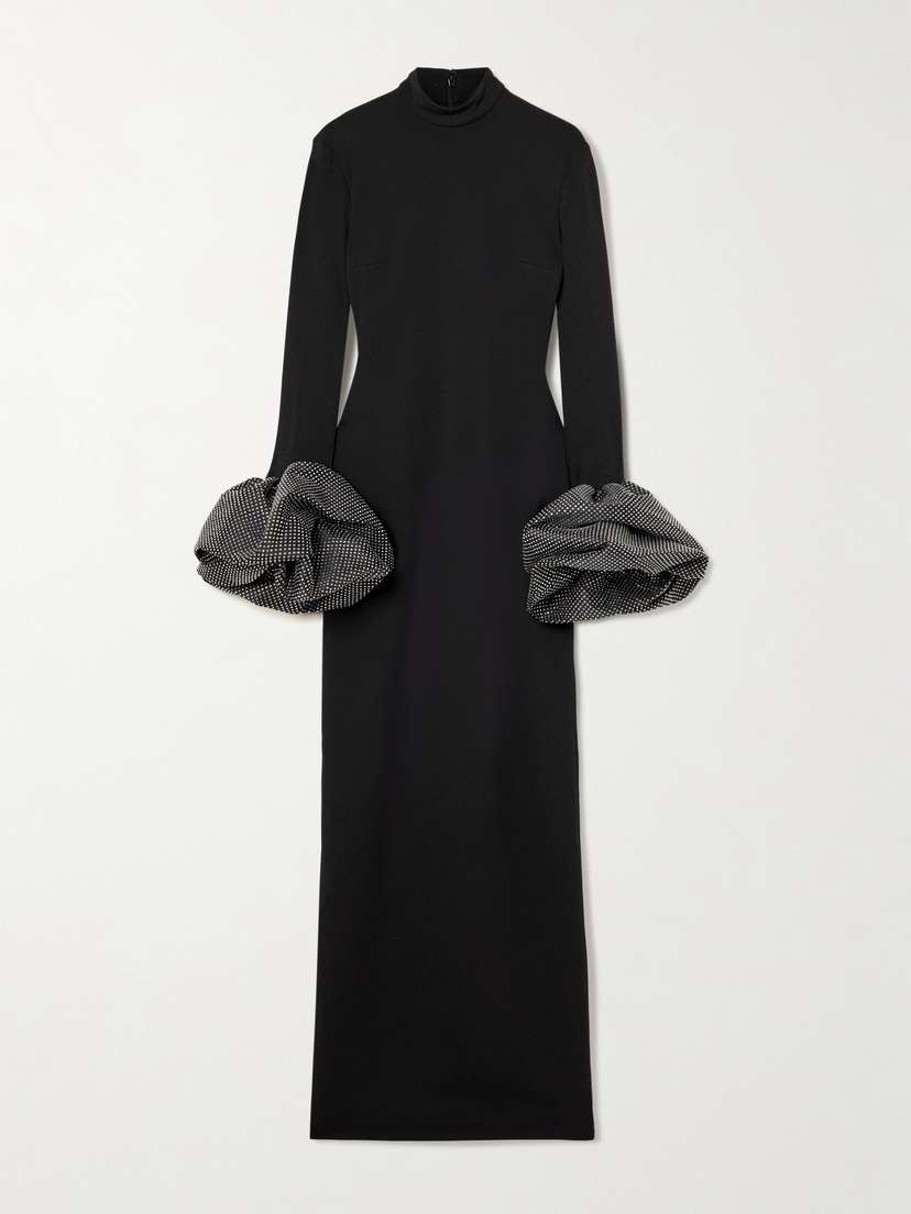 Solace London Viviana Ruffled Crystal-embellished Crepe Mock-neck Gown