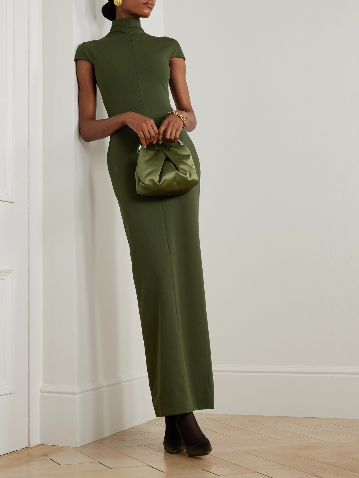 Solace London Maxi Dress Cap Sleeves High Neckline In Green