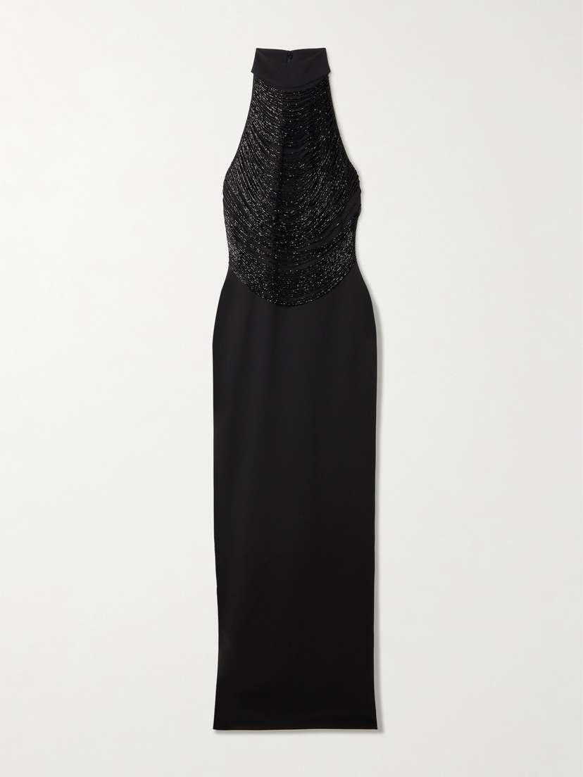 Solace London Portia Bead-embellished Stretch-crepe Halterneck Gown