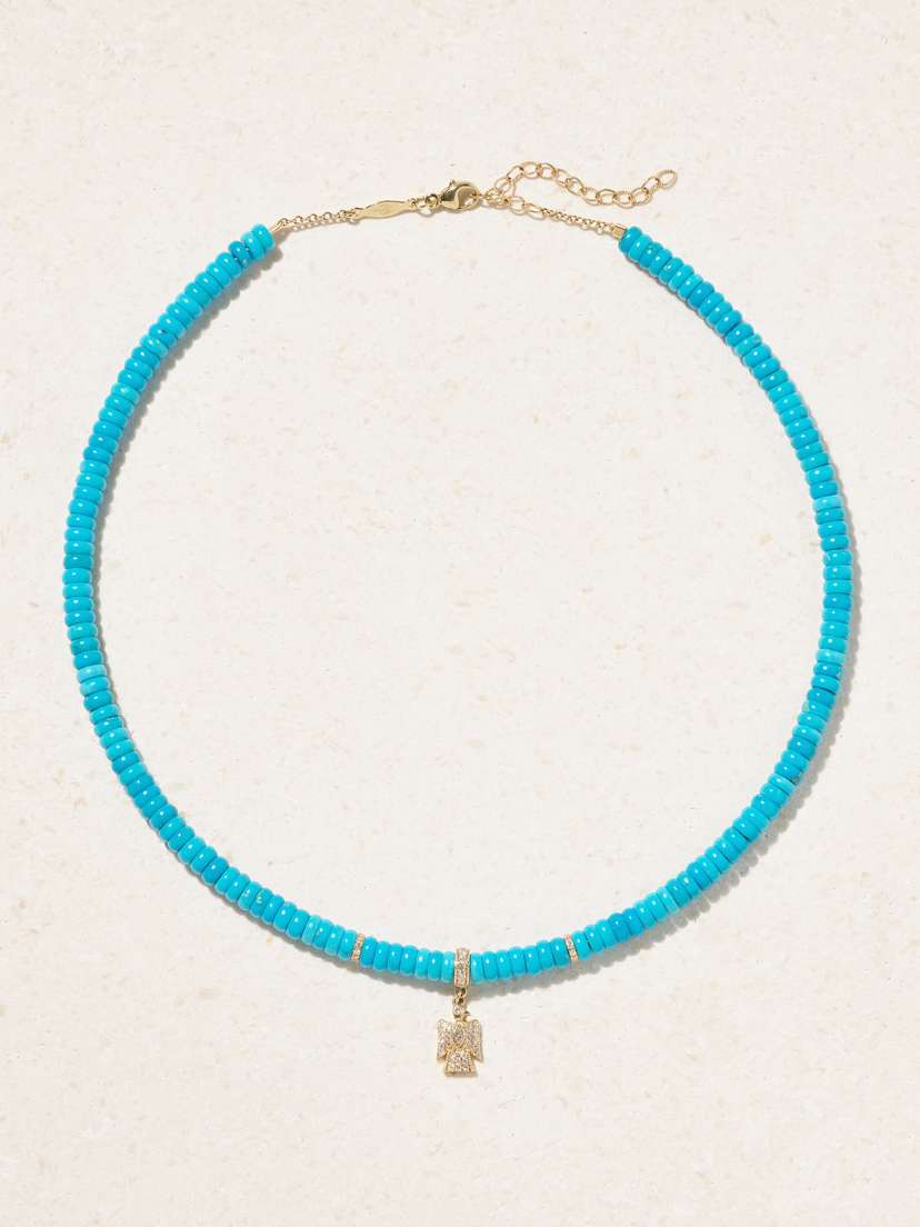 Jacquie Aiche Baby Thunderbird 14-karat Gold, Turquoise And Diamond Necklace