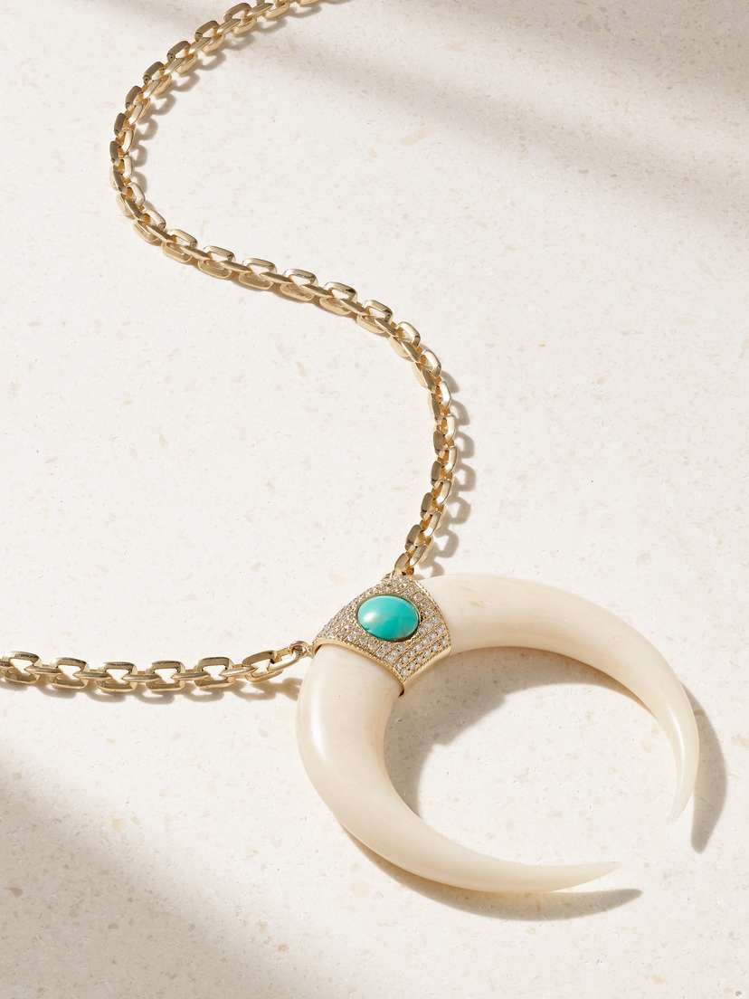 Jacquie Aiche Double Horn 14-karat Gold, Bone, Diamond And Turquoise Necklace