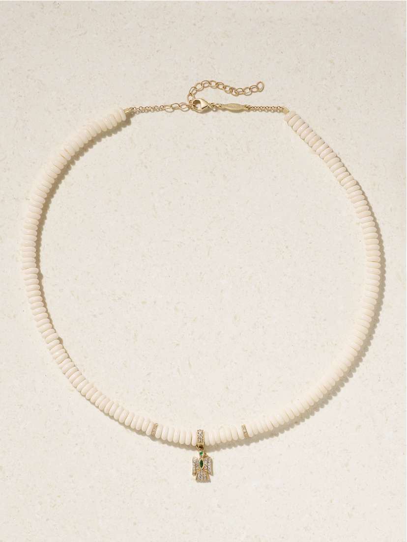 Jacquie Aiche Thunderbird 14-karat Gold, Bone, Diamond And Emerald Necklace