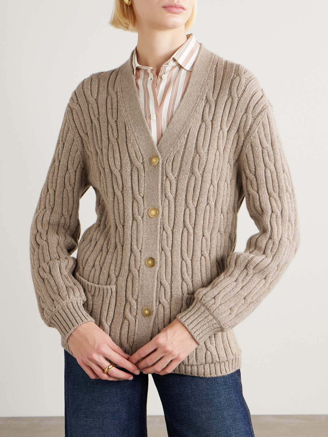 Loro Piana Cable-knit Cashmere-blend Cardigan In Brown